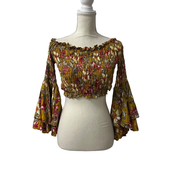 ETwo Floral Smocked Off Shoulder Bell Sleeve Fairy Cottage Boho‎ Crop Top  S - Picture 10 of 10